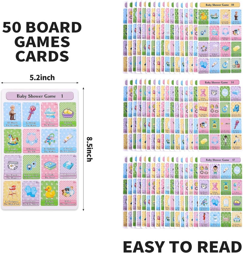 Ambercalm Baby Shower Games in Spanish English for 50 Players,Mexican Bingo Juegos para Baby Shower en Español for Boy and Girl,Funny Spanish Bingo Card Games - Image 2